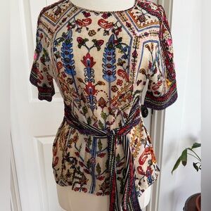 Anthropologie Cream Multi Floral-Paisley Belted Blouse